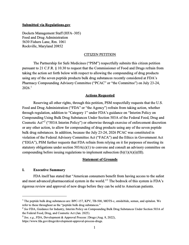 first page of PSM's citizen petition to the FDA