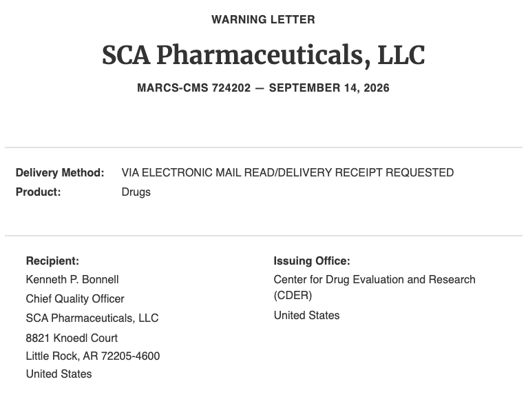 SCA Pharmaceuticals warning letter