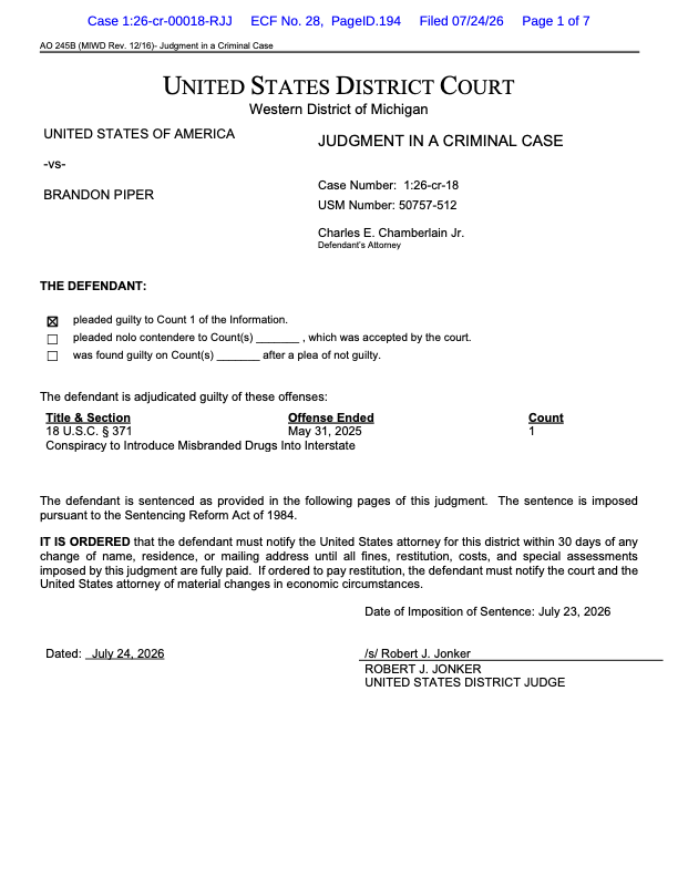 USA v Brandon Piper, judgment