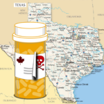 Map of Texas with prescription pill bottle to the left. The bottle a label with a maple leaf that's peeling away to reveal a skull and crossbones.